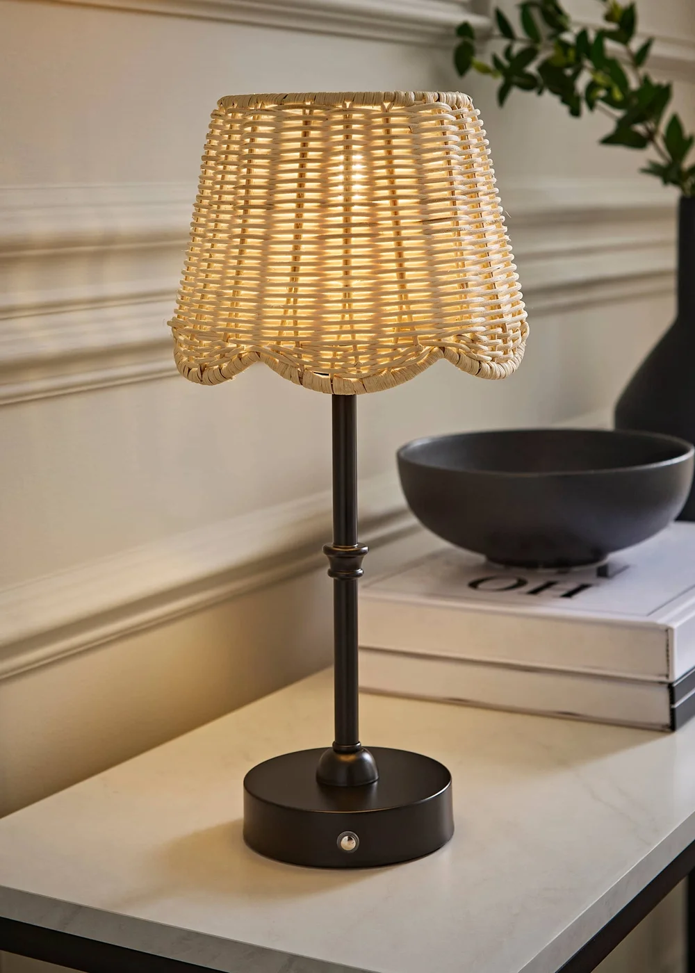 ValueLights Lowe Matte Black Rechargeable Table Lamp with Rattan Taper Shade - One Size Image 1