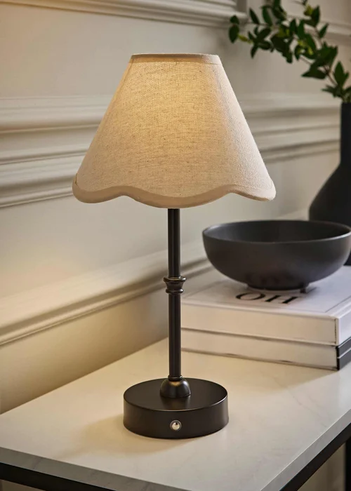 ValueLights Lowe Matte Black Rechargeable Table Lamp with Scallop Trim Natural Shade - One Size Image 1