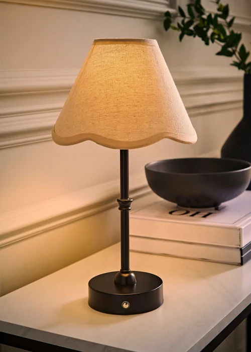 ValueLights Lowe Matte Black Rechargeable Table Lamp with Scallop Trim Natural Shade - One Size Image 2