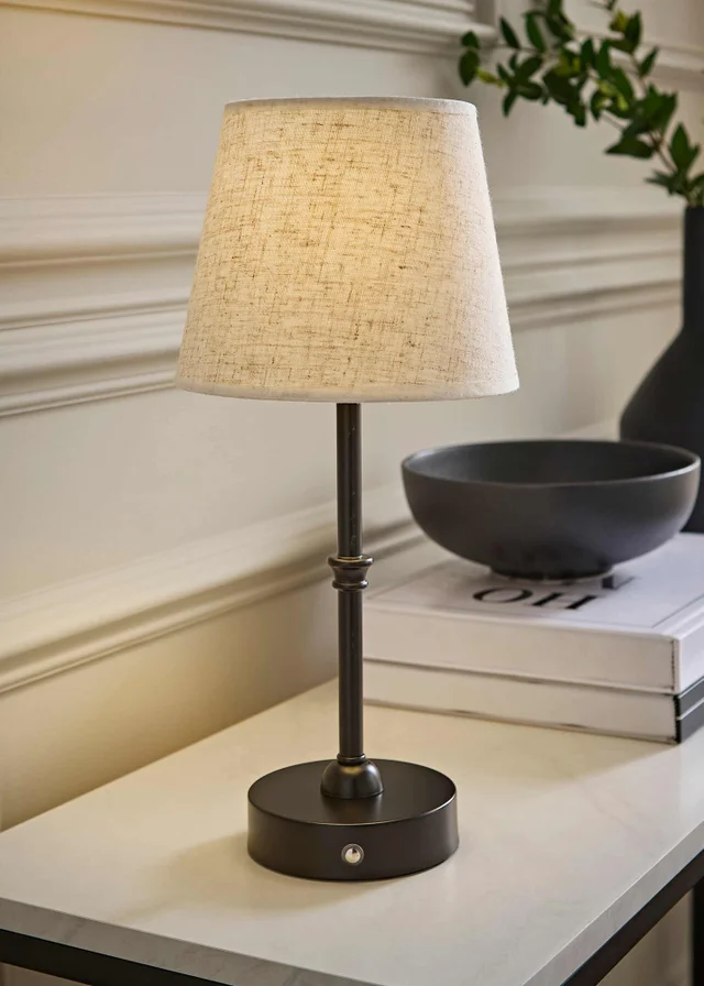 ValueLights Lowe Matte Black Rechargeable Table Lamp with Linen Taper Shade