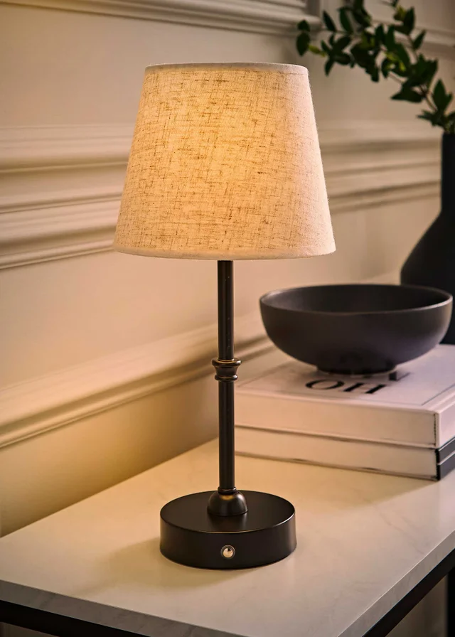 ValueLights Lowe Matte Black Rechargeable Table Lamp with Linen Taper Shade