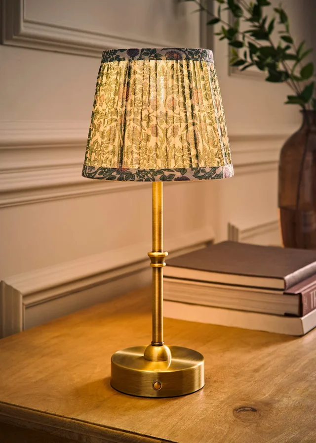 ValueLights Lowe Brushed Gold Rechargeable Table Light Base with Floral Pleated Shade