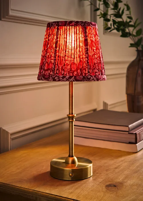 ValueLights Lowe Brushed Gold Rechargeable Table Light Base with Burgandy Floral Pleated Shade - One Size Image 2