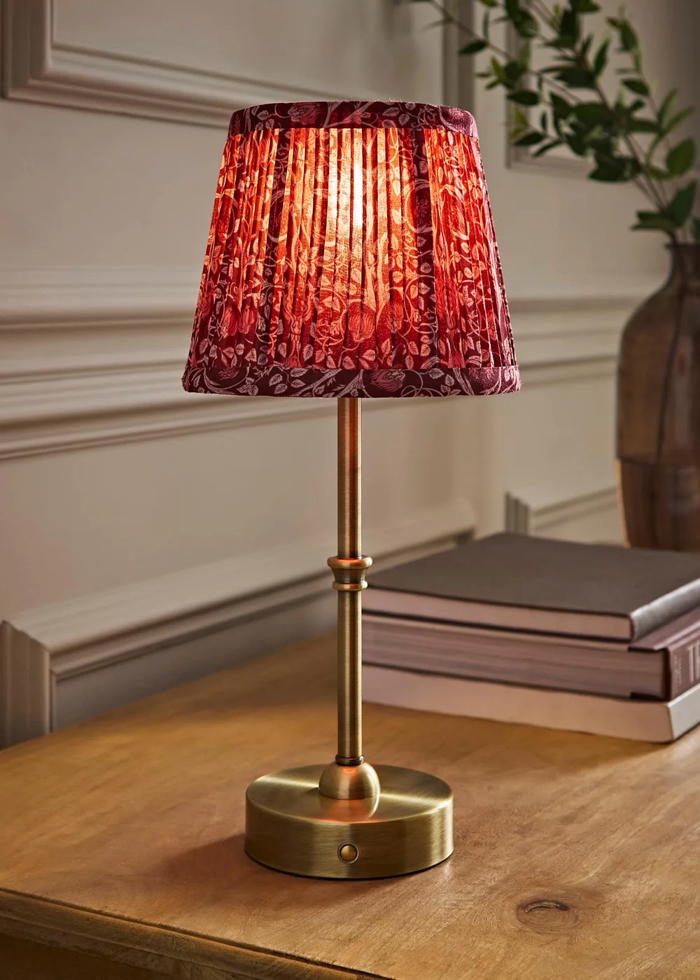ValueLights Lowe Brushed Gold Rechargeable Table Light Base with Burgandy Floral Pleated Shade - One Size Image 1