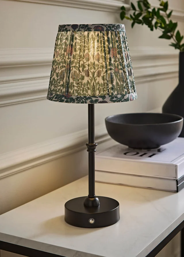 ValueLights Lowe Matte Black Rechargeable Table Lamp with Floral Pleated Shade