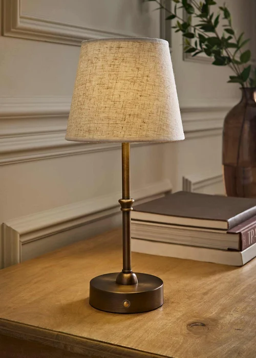ValueLights Lowe Matte Black Rechargeable Table Lamp with Burgandy Floral Pleated Shade - One Size Image 1