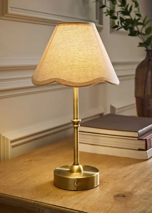 ValueLights Lowe Brushed Gold Rechargeable Table Light Base with Scallop Trim Natural Shade - One Size Image 1