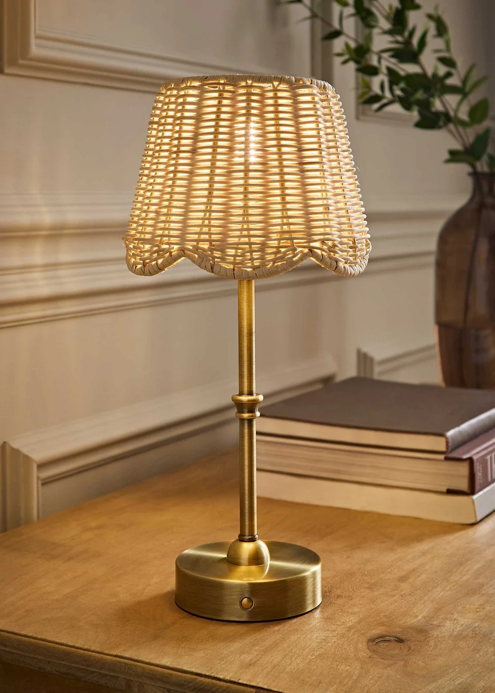 ValueLights Lowe Brushed Gold Rechargeable Table Light Base with Rattan Taper Shade - One Size Image 1