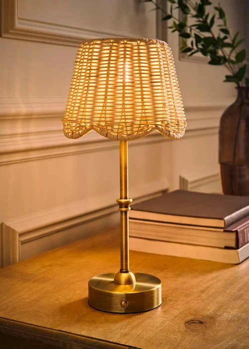 ValueLights Lowe Brushed Gold Rechargeable Table Light Base with Rattan Taper Shade - One Size Image 2