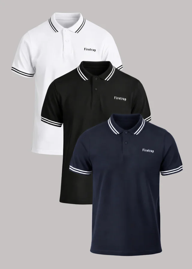 Firetrap Black 3 Pack Regular Fit Cotton Stripe Polos