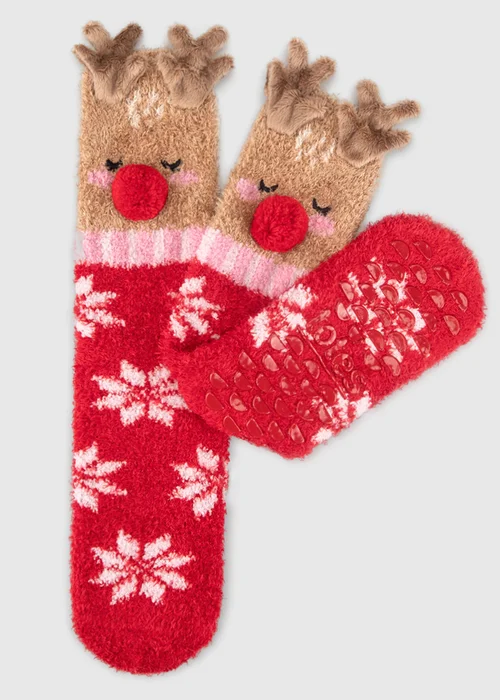 Totes Reindeer Red Novelty Super Soft Slipper-Socks - One Size Image 1