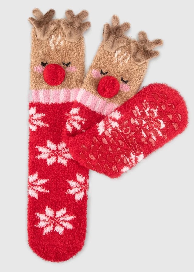 Totes Reindeer Red Novelty Super Soft Slipper-Socks