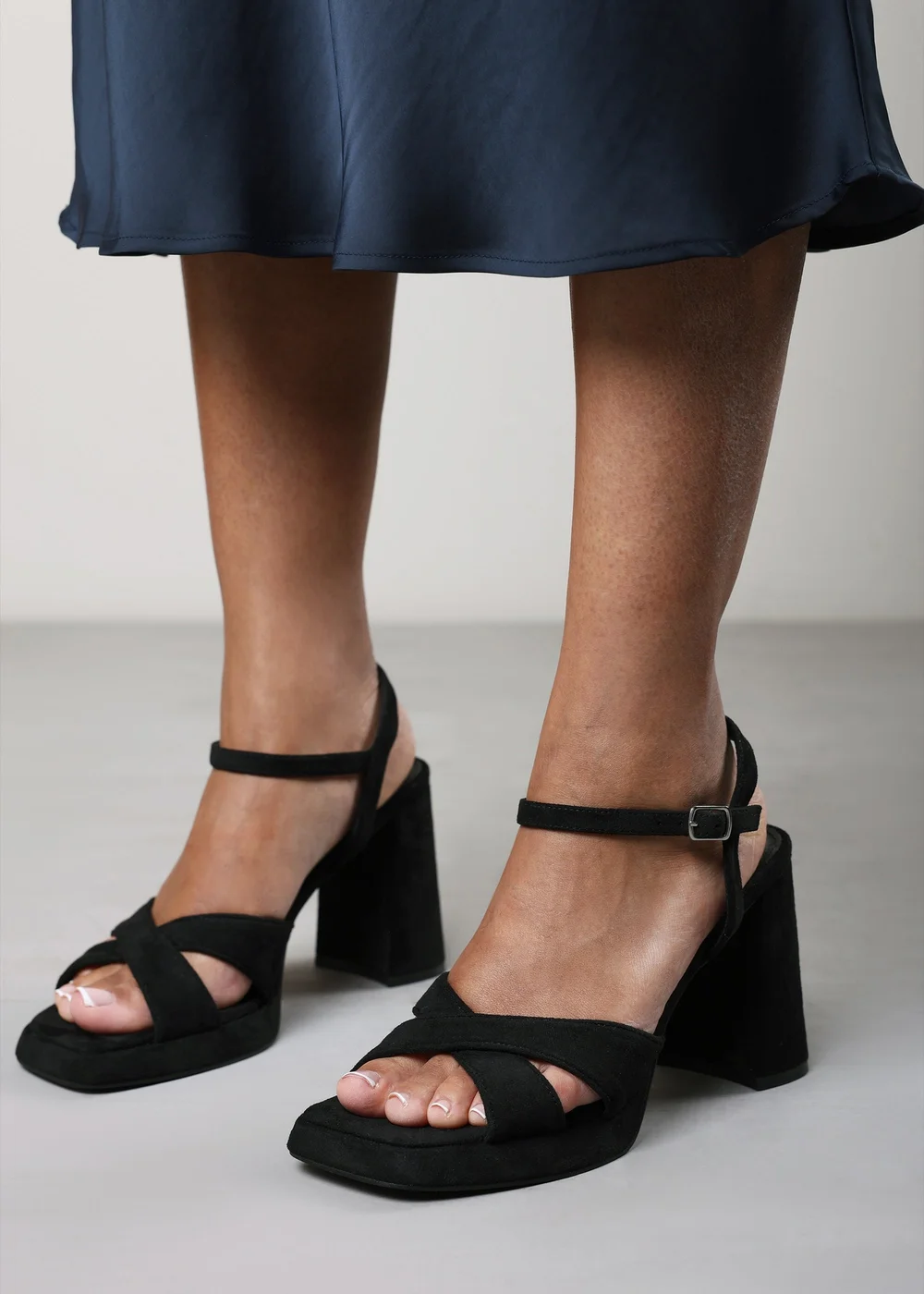Where's That From Qavira Black Faux Suede Cross Over Platform Block Heels With Ankle Strap - 7 Image 2