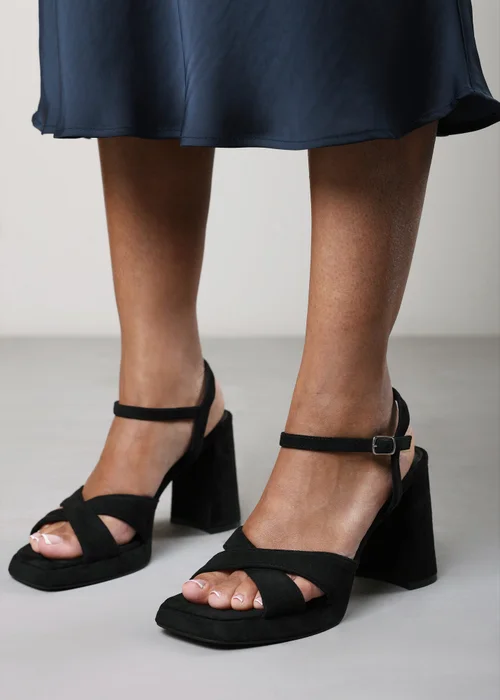 Where's That From Qavira Black Faux Suede Cross Over Platform Block Heels With Ankle Strap - 7 Image 2