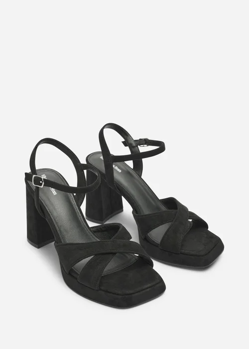 Where's That From Qavira Black Faux Suede Cross Over Platform Block Heels With Ankle Strap - 7 Image 3