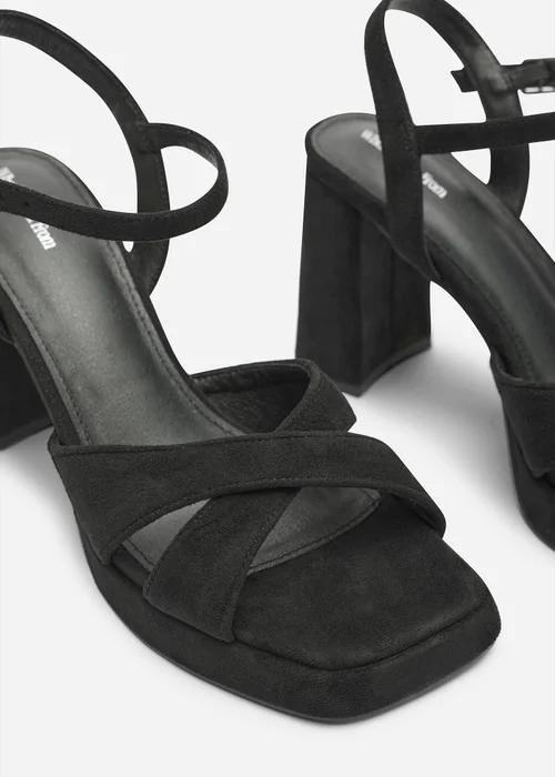 Where's That From Qavira Black Faux Suede Cross Over Platform Block Heels With Ankle Strap - 7 Image 4