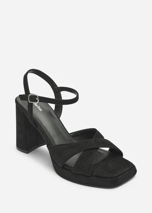 Where's That From Qavira Black Faux Suede Cross Over Platform Block Heels With Ankle Strap - 7 Image 1