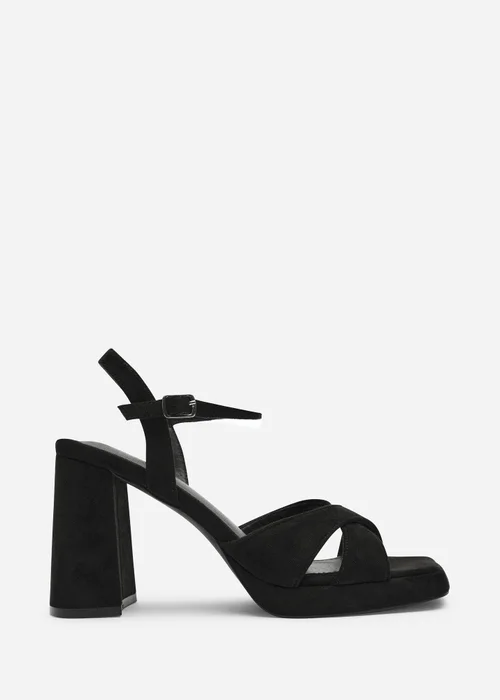 Where's That From Qavira Black Faux Suede Cross Over Platform Block Heels With Ankle Strap - 7 Image 5