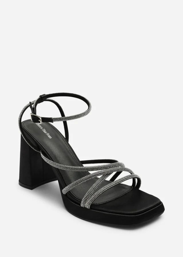 Where's That From Qelixa Wide Fit Black Satin Cross Over Strappy Platform Heels