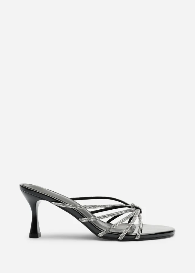 Where's That From Pyris Black Patent Diamante Multi Strap Knot Mules