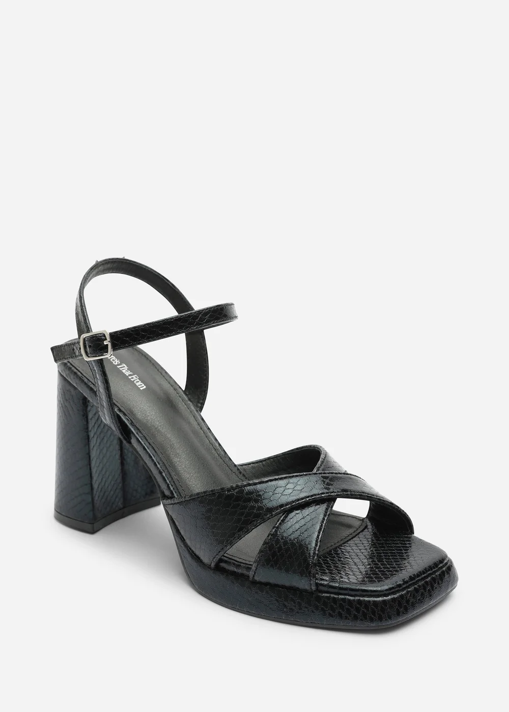 Where's That From Qavira Wide Fit Black Lizard Cross Over Platform Block Heels With Ankle Strap - 4 Wide Image 3