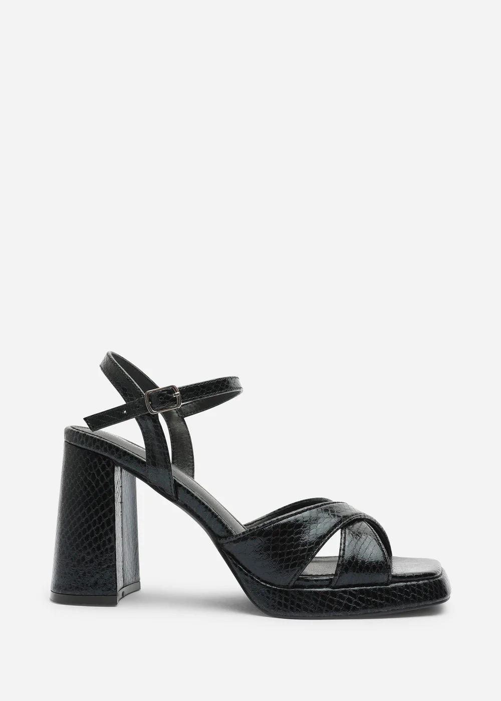 Where's That From Qavira Wide Fit Black Lizard Cross Over Platform Block Heels With Ankle Strap - 4 Wide Image 1
