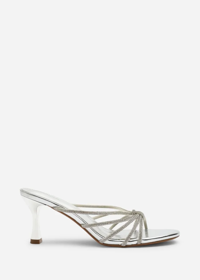 Where's That From Pyris Wide Fit Silver Diamante Multi Strap Knot Mules