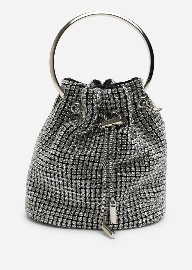Where's That From Melixa Embellished Diamante Bucket Bag With Bracelet Ring Handle In Silver