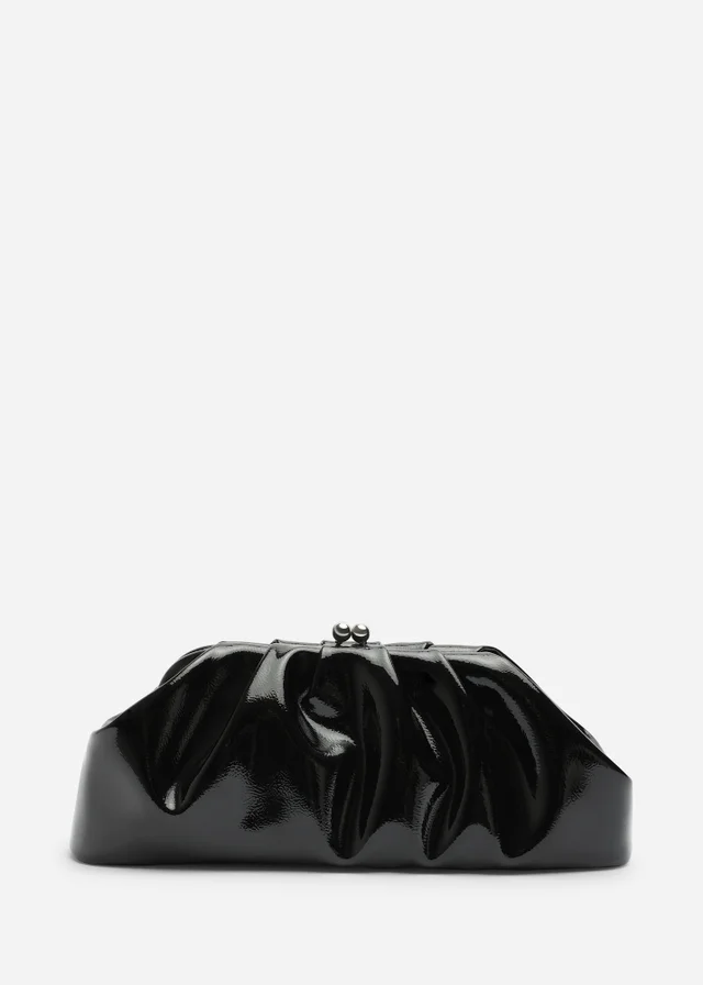 Where's That From Merlis Black Patent Ruched Pleated Clutch Bag