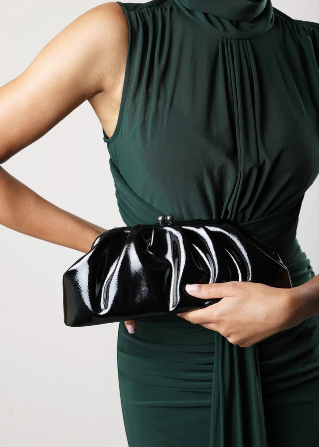 Where's That From Merlis Black Patent Ruched Pleated Clutch Bag
