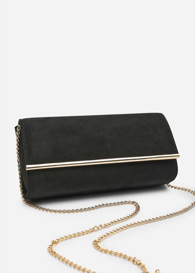 Where's That From Mavelle Fold Over Gold Trim Clutch Cross Body Bag In Black Suede