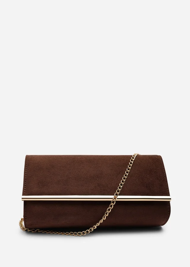 Where's That From Mavelle Fold Over Gold Trim Clutch Cross Body Bag In Brown Suede