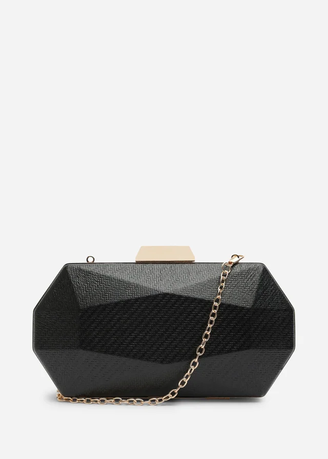 Where's That From Mivana Black Metallic Textured Geometric Box Clutch Bag
