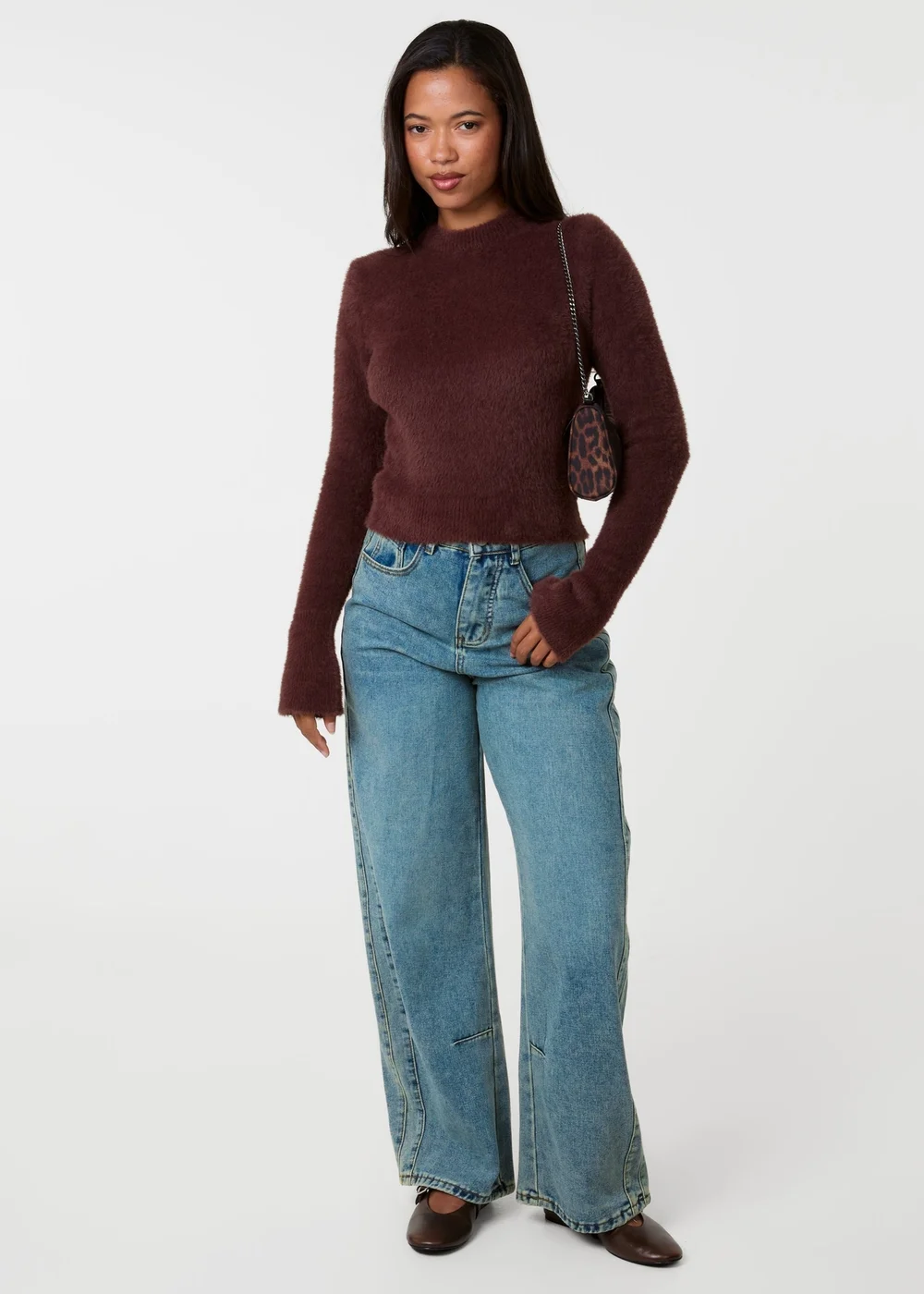Pink Vanilla Brown Fluffy Knit Cropped Jumper - S/M Image 2