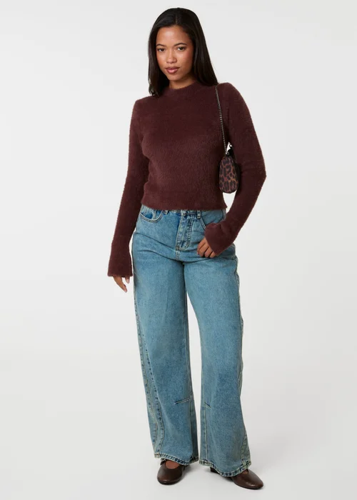 Pink Vanilla Brown Fluffy Knit Cropped Jumper - S/M Image 2