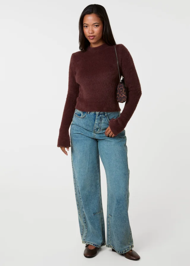 Pink Vanilla Brown Fluffy Knit Cropped Jumper