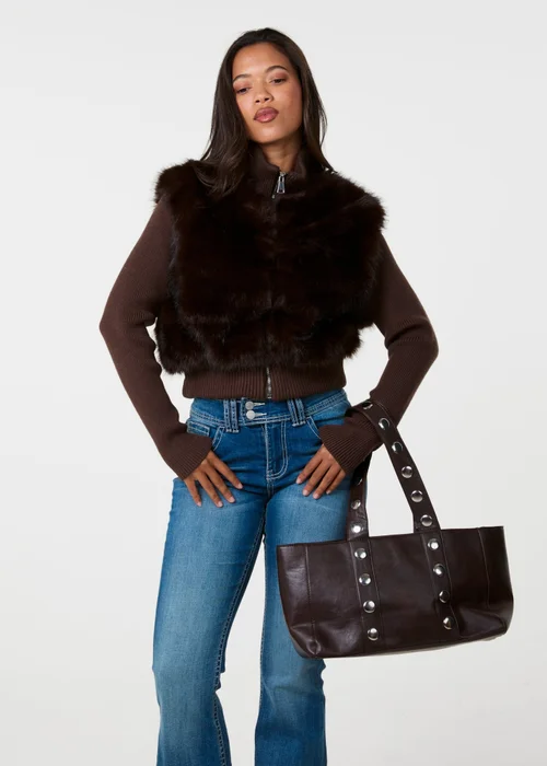Pink Vanilla Brown Faux Fur Panel Zip Jacket - S Image 2