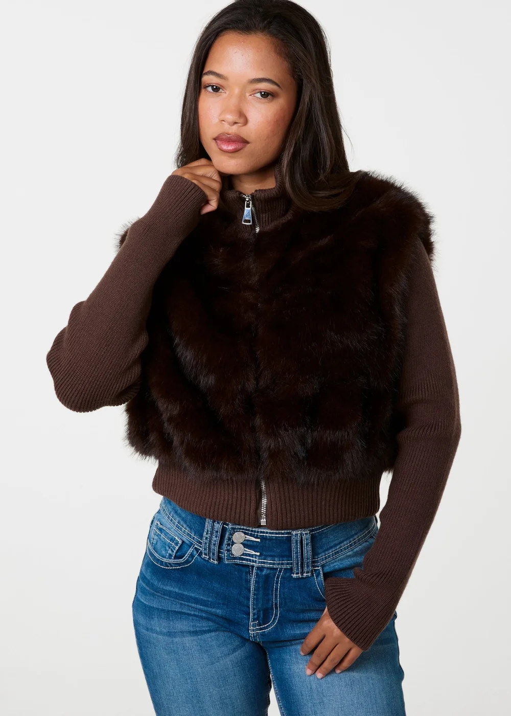 Pink Vanilla Brown Faux Fur Panel Zip Jacket - S Image 3