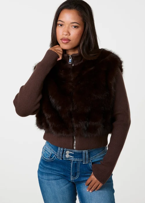 Pink Vanilla Brown Faux Fur Panel Zip Jacket - S Image 3