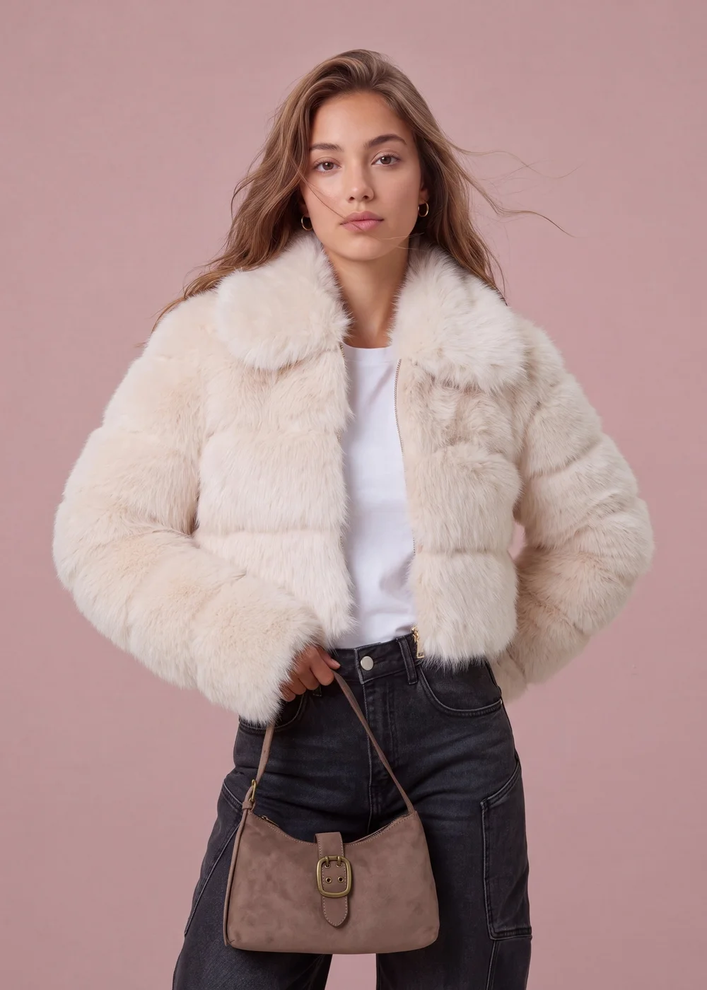 Pink Vanilla Cream Faux Fur Cropped Coat - M/L Image 1