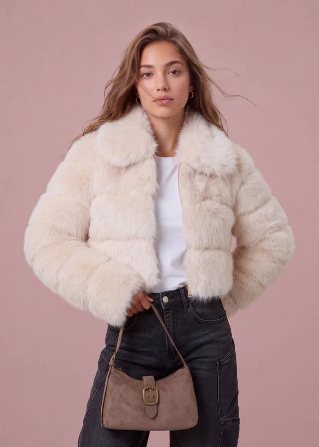 Pink Vanilla Cream Faux Fur Cropped Coat