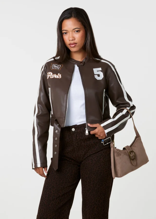 Pink Vanilla Brown Contrast Belted Biker Jacket