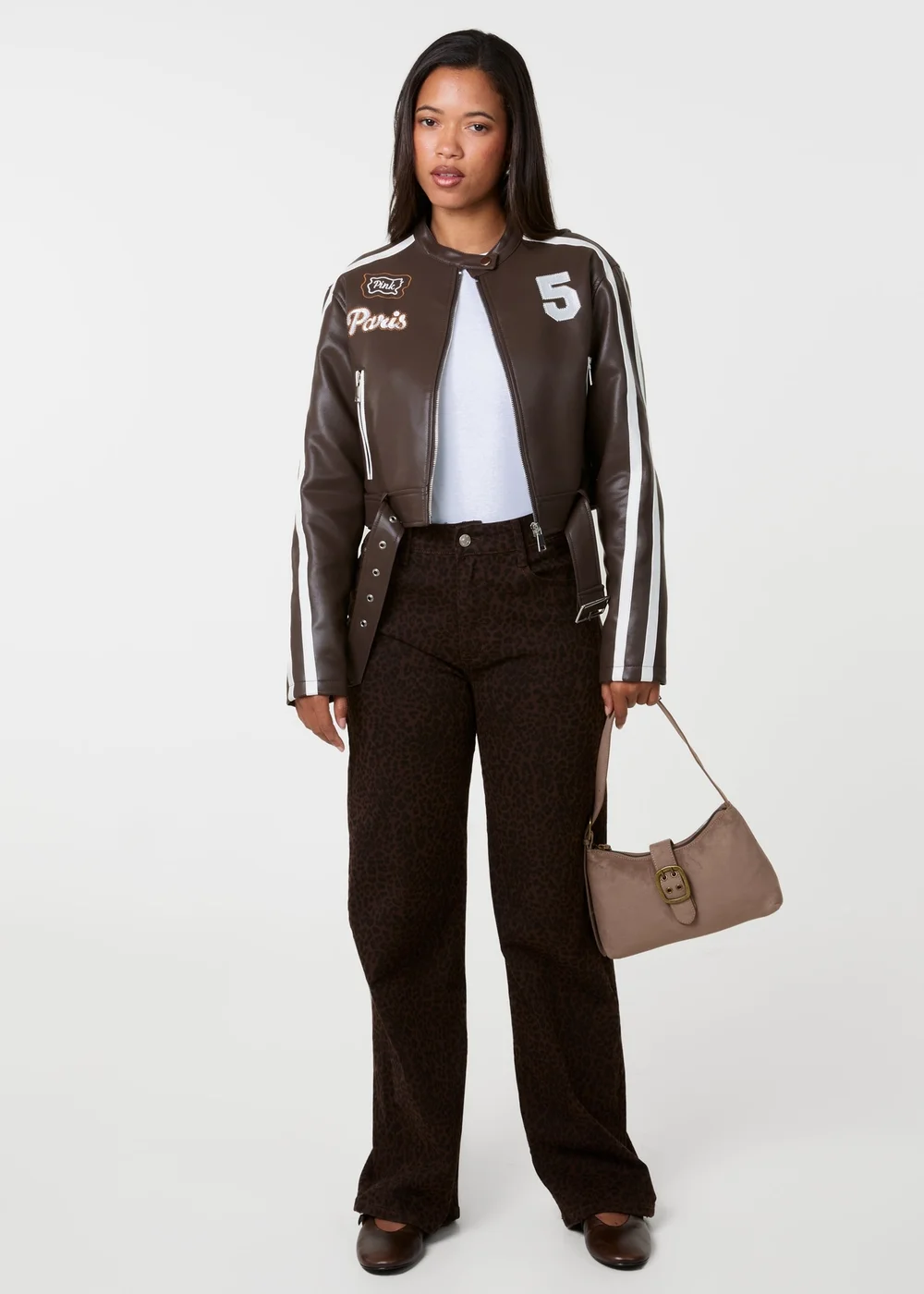 Pink Vanilla Brown Contrast Belted Biker Jacket - S Image 2