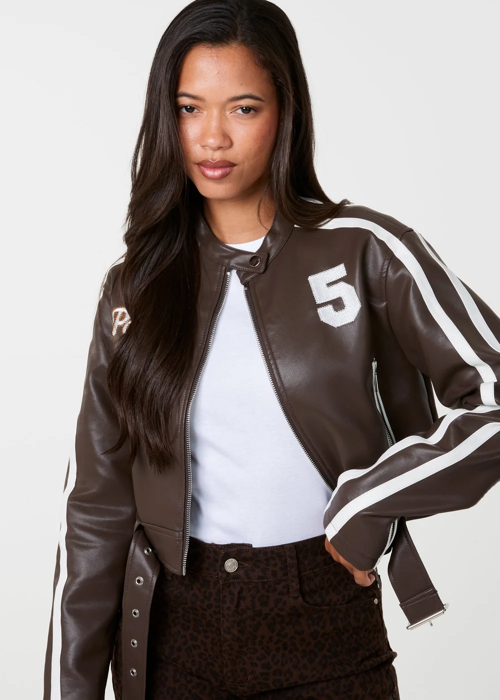 Pink Vanilla Brown Contrast Belted Biker Jacket - S Image 3