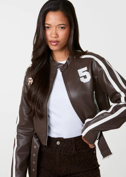 Pink Vanilla Brown Contrast Belted Biker Jacket - S Image 3