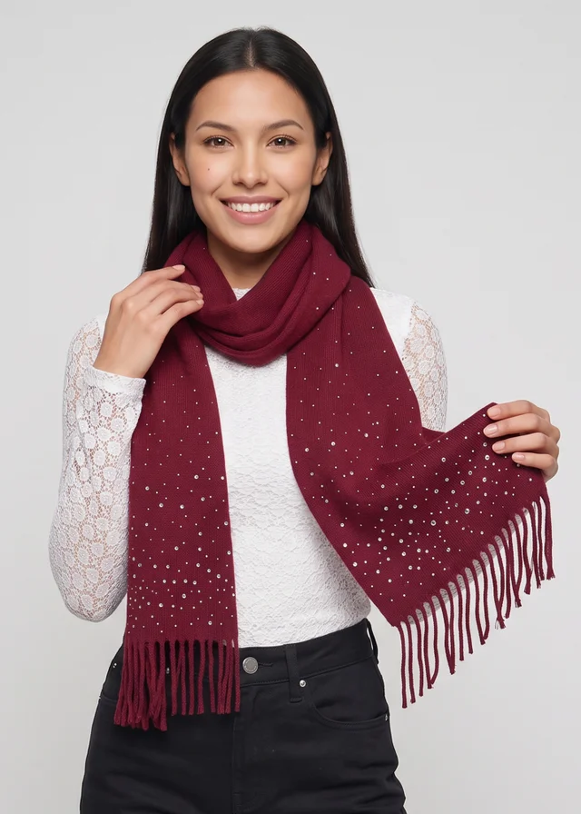 Gini London Burgundy Ladies Embellished Tassel Scarf