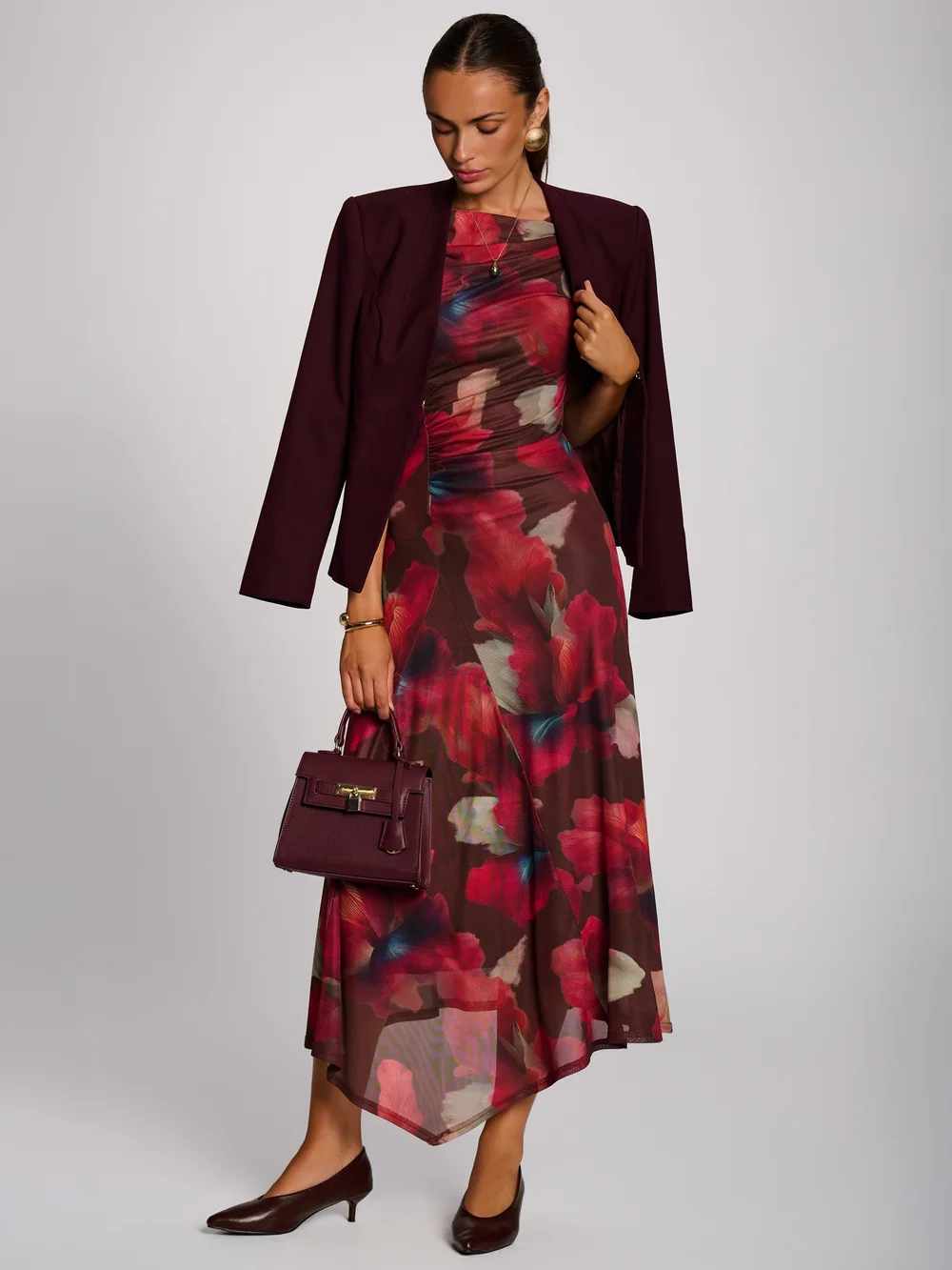 Jolie Moi Brown Floral Asymmetric Draped Mesh Maxi Dress - 10 Image 5