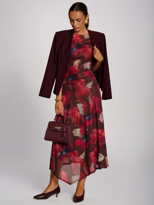 Jolie Moi Brown Floral Asymmetric Draped Mesh Maxi Dress - 10 Image 5