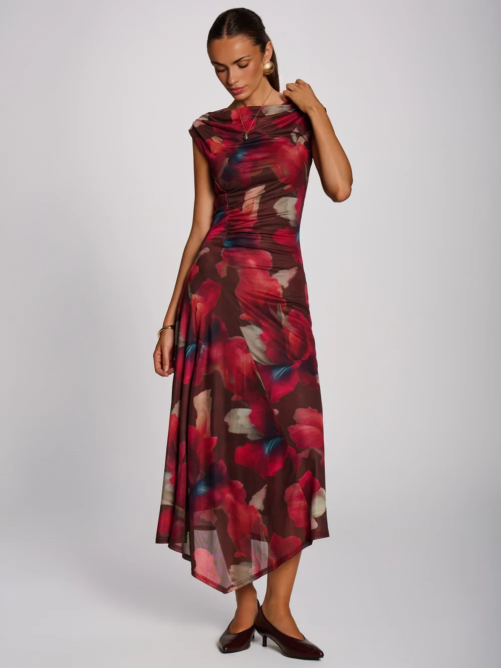Jolie Moi Brown Floral Asymmetric Draped Mesh Maxi Dress - 10 Image 4