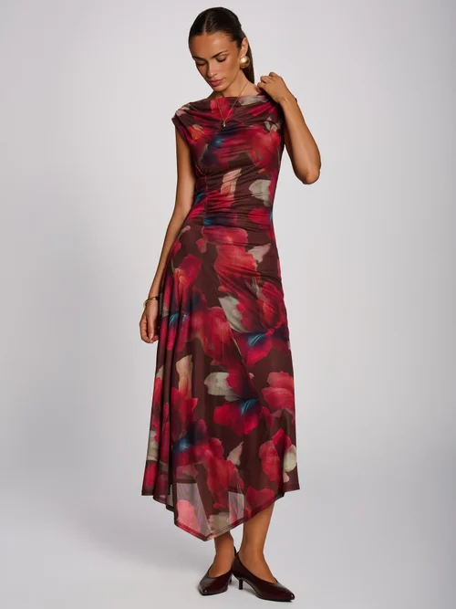 Jolie Moi Brown Floral Asymmetric Draped Mesh Maxi Dress - 10 Image 4